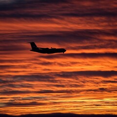 Poster - Silhouette of an airplane flying against a vibrant golden sunset in the evening sky. Generative AI