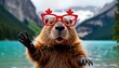 © Vadym - Cheerful beaver wearing maple leaf sunglasses waves at mountain lake. Canadian national holiday celebration. Joyful animal enjoying nature. Summer day at vibrant alpine scenery. Patriotic cute