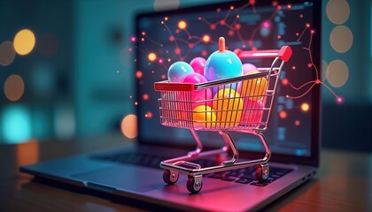 Poster - holographic shopping cart projection on laptop. colorful spheres in shopping cart illustrate online 