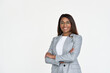 © insta_photos - Portrait of happy African American business woman, smiling businesswoman leader executive wearing grey suit and glasses standing arms crossed isolated on white background.