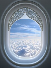 Poster - View from an airplane wing showing fluffy clouds and a bright blue sky through an elegant window design high above. Generative AI