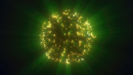 Poster - A radiant green abstract sphere emitting glowing particles and light streaks against a dark background, resembling futuristic energy