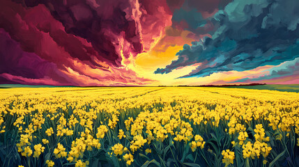Wall Mural - Sunset storm over yellow canola field. Electric Meadow. Illustration