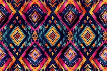 Poster - Vibrant geometric pattern with bold colors and diamond shapes, creating a striking and dynamic textile design.
