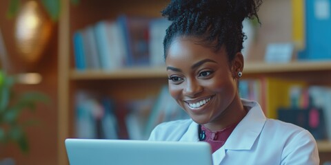 Wall Mural - Happy Female Doctor Using Laptop