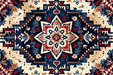 Poster - Intricate symmetrical design with floral and geometric patterns in vibrant red, blue, and beige.