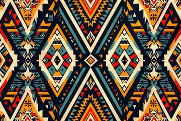 Poster - Vibrant geometric textile design with symmetrical patterns in teal, red, yellow and white.