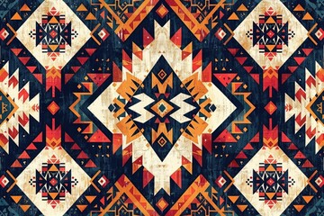 Poster - Geometric tribal pattern with vibrant colors and symmetrical design elements.