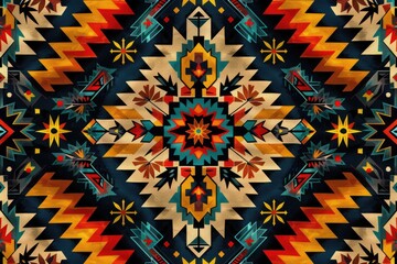 Poster - Vibrant Native American inspired geometric textile design with bold colors and symmetrical patterns.