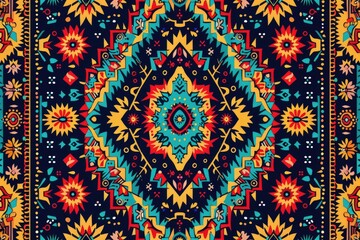 Poster - Vibrant, symmetrical textile design with bold geometric patterns and floral motifs in red, yellow, teal, and black.