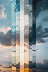 Poster - A vertical collage of the sky, divided into stripes showcasing various colors and cloud formations, symbolizing the dynamic transition from blue skies to dramatic sunset hues.