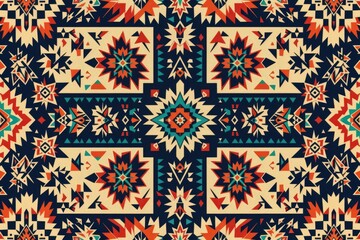 Poster - Intricate geometric pattern featuring vibrant orange, teal, and beige colors against a dark background, resembling Native American art.