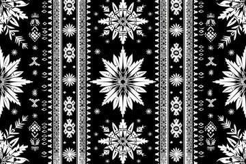 Poster - Black and white textile design with repeating floral and geometric patterns, creating a bold and striking visual effect.