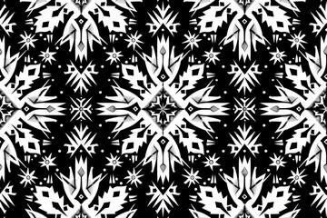 Poster - Abstract black and white geometric pattern with repeating floral and star motifs, creating a symmetrical design.