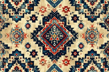 Poster - Symmetrical Native American inspired textile design with geometric patterns in red, blue, and beige.