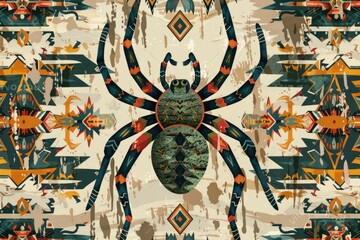 Poster - Stylized spider illustration with vibrant geometric patterns and tribal-inspired design elements.