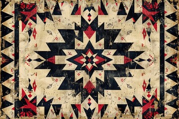 Poster - Abstract geometric pattern with red, black, and beige triangles forming a symmetrical design on a distressed texture.