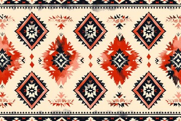 Poster - Red and black geometric pattern, Native American inspired design, textile print, repeating diamonds and floral motifs.