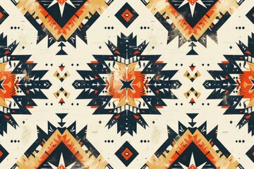 Poster - Symmetrical Native American inspired geometric pattern in orange, black, and beige on a cream background.