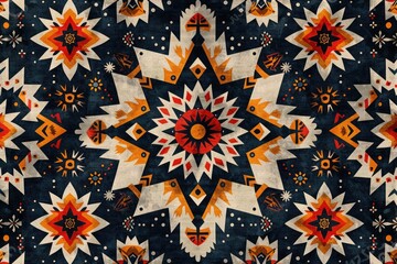 Poster - Intricate mandala design with geometric shapes and vibrant colors in warm tones on a dark background.