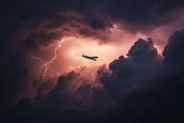 Poster - Airplane navigates through turbulent storm clouds with dramatic flashes of lightning overhead. Generative AI