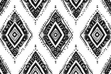 Poster - Black and white geometric diamond pattern, repeating tribal print with hand-drawn texture.