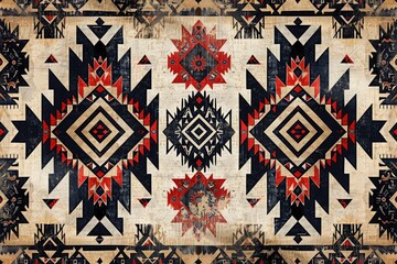 Poster - Geometric Native American inspired textile design with red, black and beige color palette.
