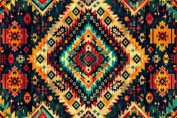 Poster - Vibrant geometric textile design with symmetrical patterns in red, teal, yellow, and black.