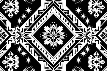 Poster - Black and white geometric pattern featuring snowflakes, stars, and angular designs creating a visually striking winter textile.