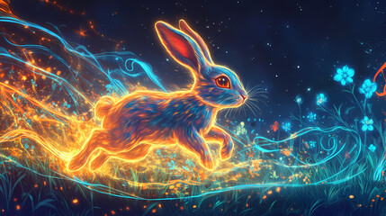 Wall Mural - glowing neon rabbit