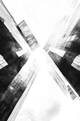 Aufkleber - A black and white, artistic image showing a low-angle view of towering modern glass skyscrapers crossing each other, symbolizing strength, architecture, and urban life.