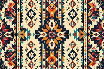 Poster - Vibrant Native American inspired textile pattern with geometric shapes and symmetrical design.