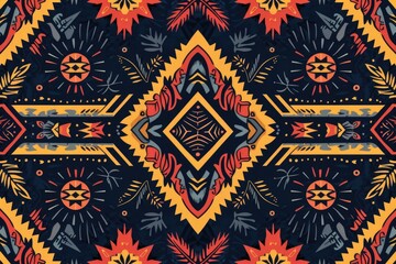 Poster - Symmetrical design with vibrant colors, geometric shapes, and stylized floral elements on a dark background.