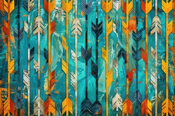 Poster - Abstract art featuring a pattern of colorful arrows on a teal grunge background.