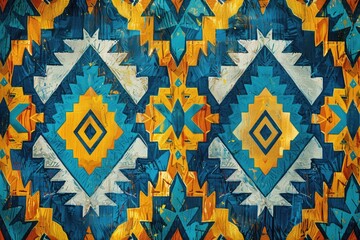 Poster - Abstract geometric textile design with teal, gold, and white patterns creating a vibrant and textured visual.