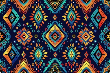 Poster - Vibrant, geometric textile design with bold colors and intricate patterns, showcasing a rich cultural heritage.