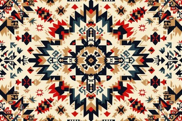 Poster - Symmetrical geometric pattern with red, black, beige, and teal shapes on a cream background.  Native American inspired design.