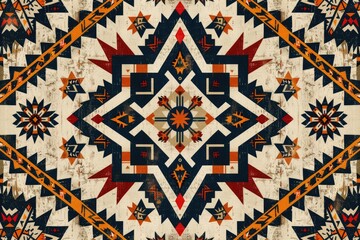 Poster - Symmetrical Native American inspired pattern with geometric shapes, stars, and a distressed texture.