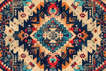 Poster - Abstract geometric artwork featuring a vibrant, symmetrical pattern with Native American-inspired motifs.