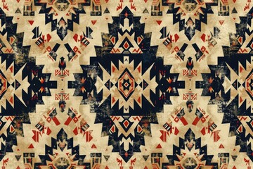 Poster - Abstract geometric pattern with tribal influences, featuring a beige and dark blue color palette with red accents.