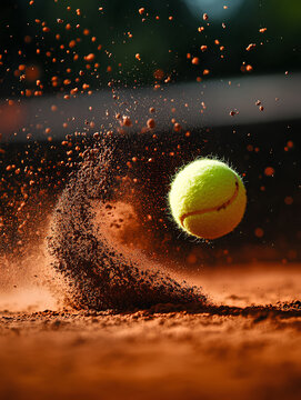 Tennis ball in mid-air on clay court kicking up dust during an intense match at sunset, showcasing the energy and excitement of the game