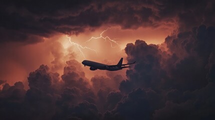 Poster - airplane navigates turbulent stormy clouds while lightning strikes in the background at dusk. genera