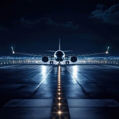 Fototapete - Illuminated runway with airplane taking off at night surrounded by navigation lights. Generative AI