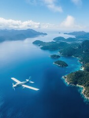 Poster - Soaring above the azure ocean with islands dotting the serene landscape. Generative AI