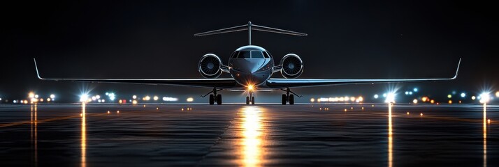 Fototapete - Airplane preparing for takeoff on illuminated runway at night with navigation lights. Generative AI
