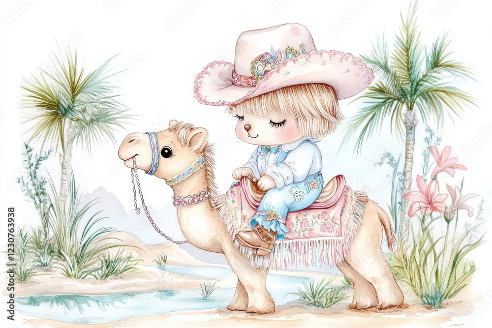 Cute child riding camel in desert landscape with palm trees. child ...