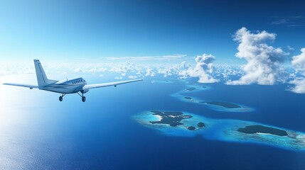 Poster - Airplane gliding over vast blue ocean with picturesque islands beneath in clear sky. Generative AI