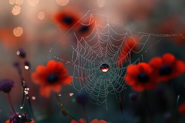 Poster - Dew-covered spiderweb glistening in the sunrise, adorned with vibrant red poppies in a dreamy field.