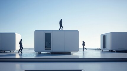 Wall Mural - Modern architecture with silhouettes of people interacting on minimalist rooftops at sunset