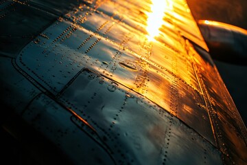 Poster - Glistening airplane wing reflecting sunset hues during evening flight over the horizon. Generative AI